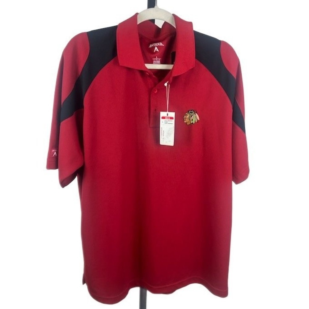NWT Antigua Chicago Blackhawks Polo Shirt Men's Size Large Red Black NHL Short